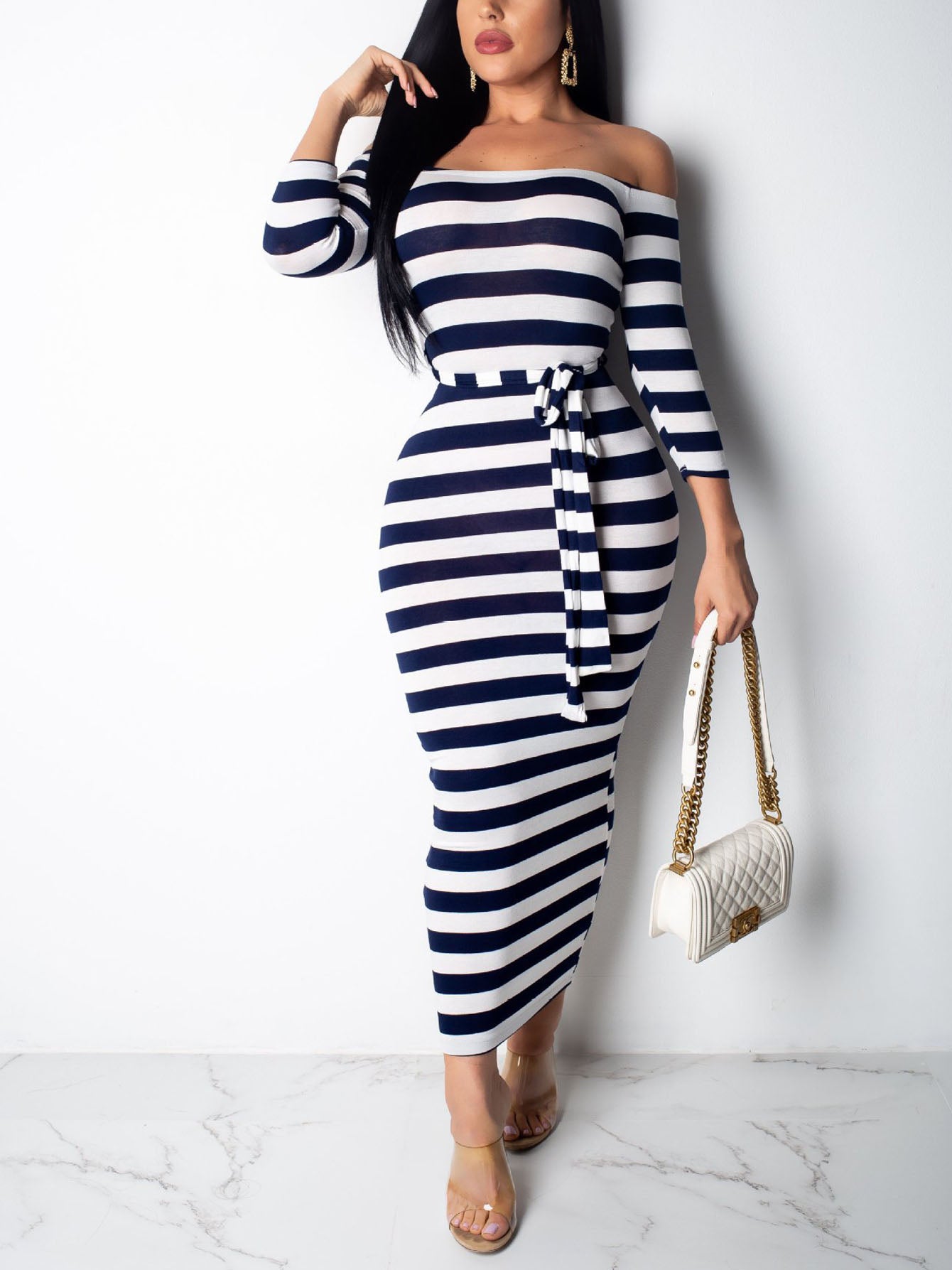 Off Shoulder Striped Dress, Stretchy Long Sleeve Dress, Casual Every Day Dress, Women's Clothing