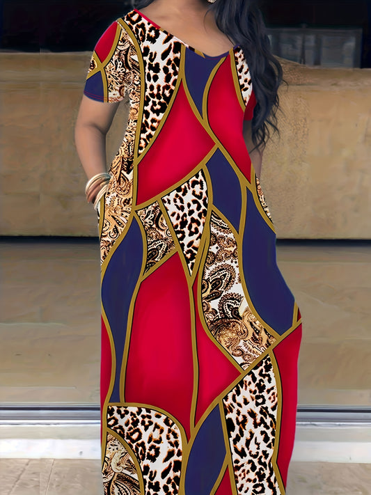 Elegant Plus Size Tie Dye Print Maxi Dress - Short Sleeve with Pocket - Medium Stretch Long Dress for Women