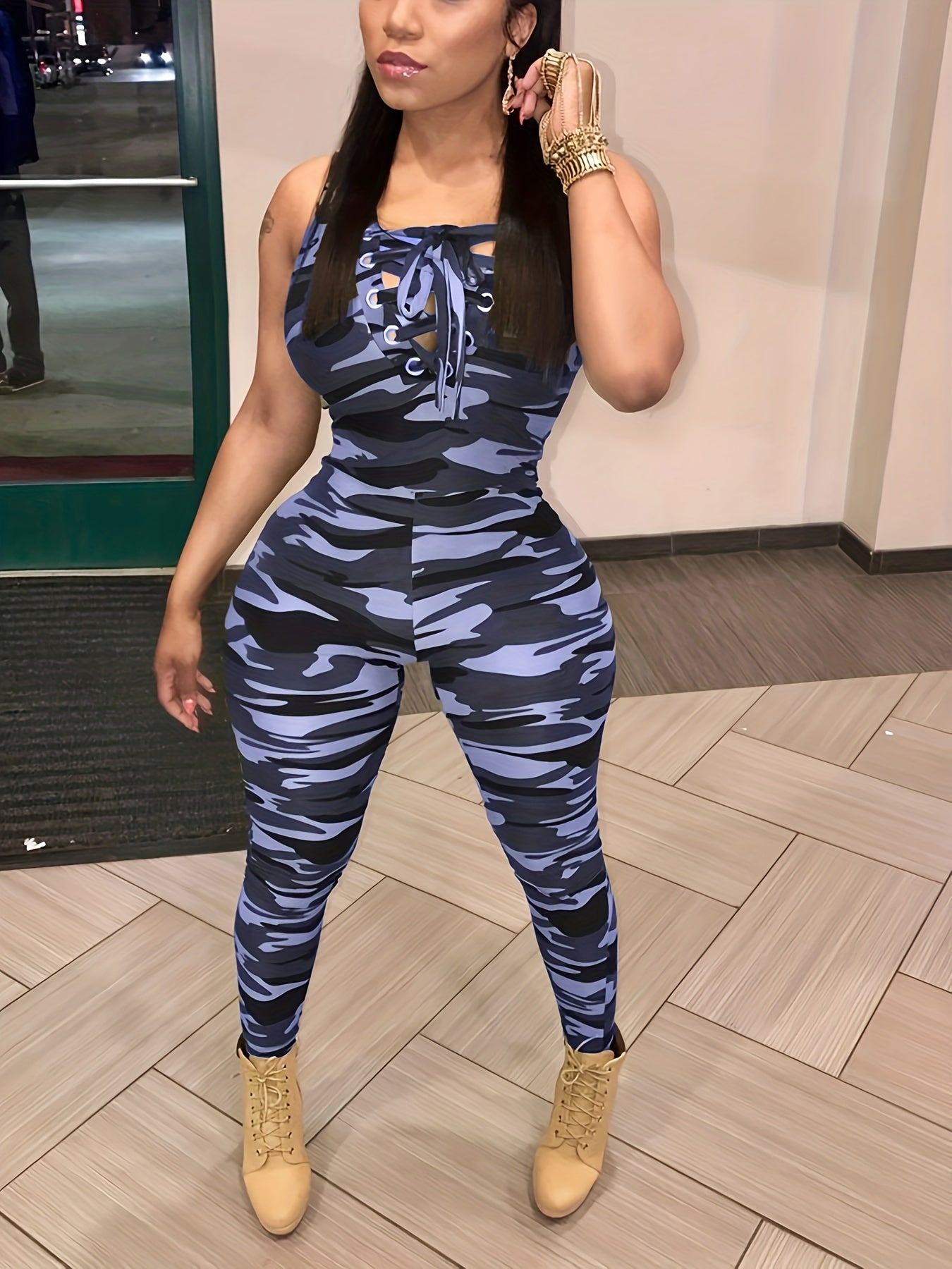 Sexy Hollow-Details Jumpsuit: Leopard & Camo Print, Mid-Elastic, Knit Fabric - Stylish, Durable for Spring/Fall