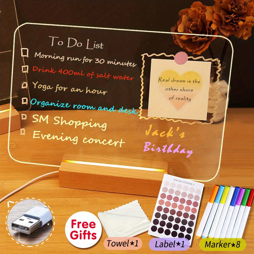 XD-TOPQC Acrylic LED Light Up Dry Erase Board with Stand, USB Powered Tabletop Memo Notepad, Clear Desktop Message Board for Daily Reminder, Planning, and Creative Use - Kawaii Room Decor, Small Notepad