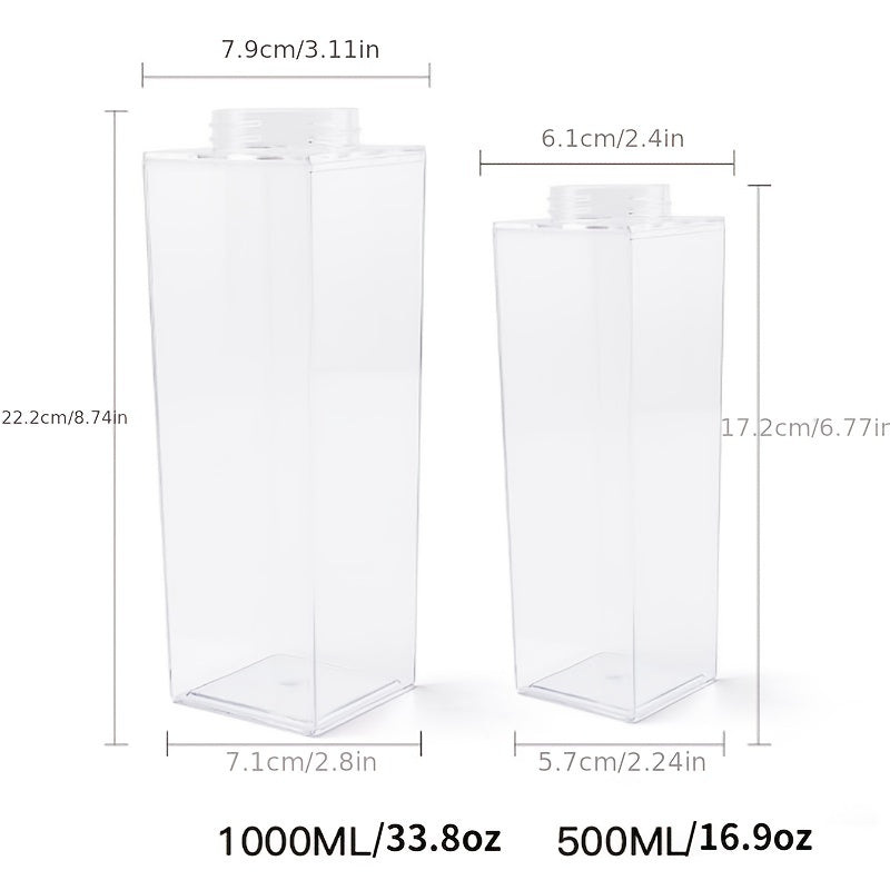 1pc Square Milk Cups, Creative Transparent Plastic Water Bottle, Travel Big Water Bottles, 16.9oz/33.8oz (500ml/1000ml)