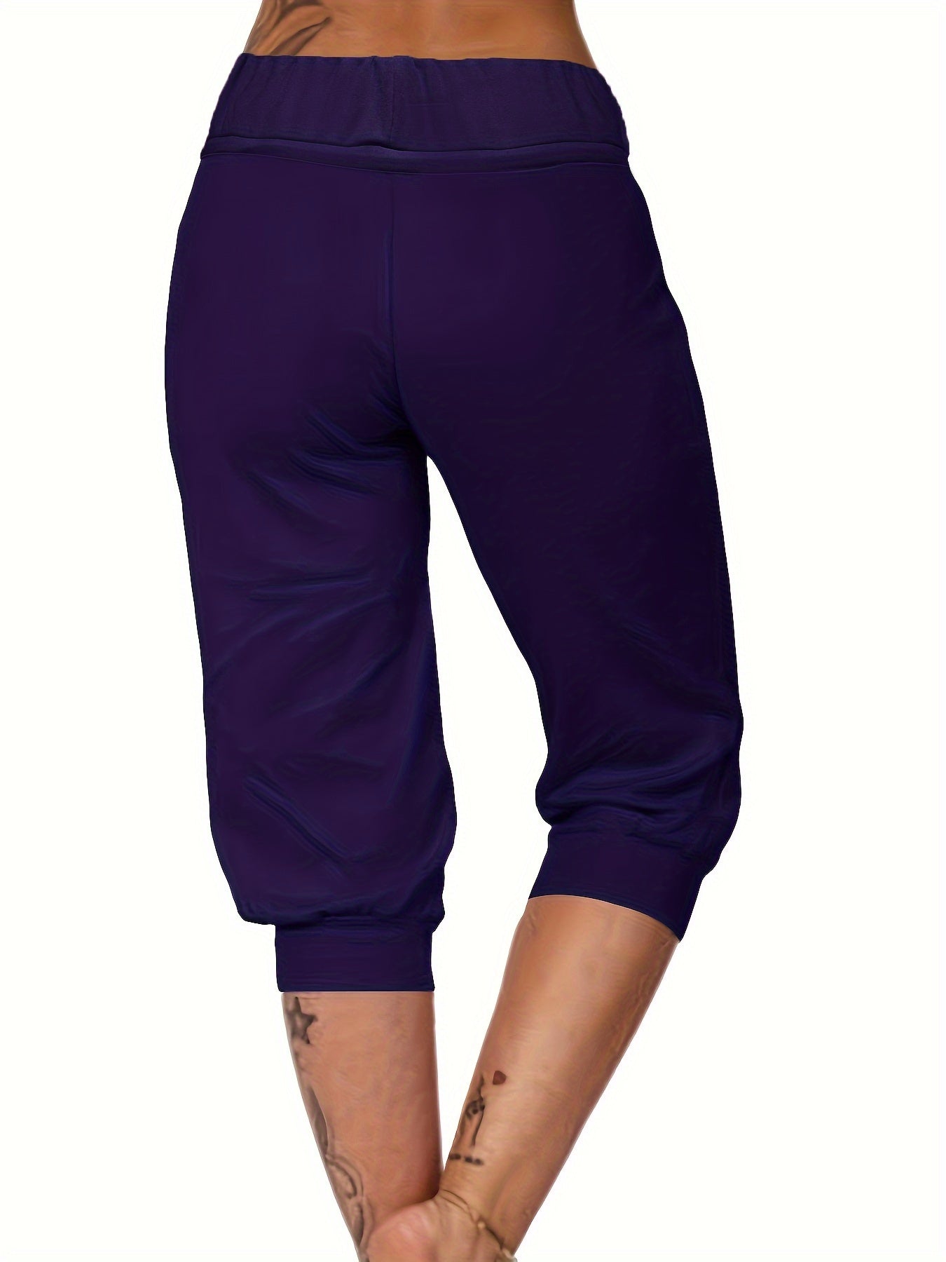 Womens Solid Elastic Capri Pants - Comfortable Casual Style - Cropped Everyday Wear for Effortless Fashion