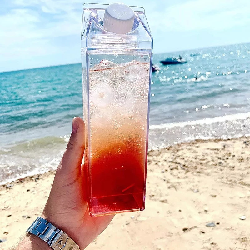1pc Square Milk Cups, Creative Transparent Plastic Water Bottle, Travel Big Water Bottles, 16.9oz/33.8oz (500ml/1000ml)