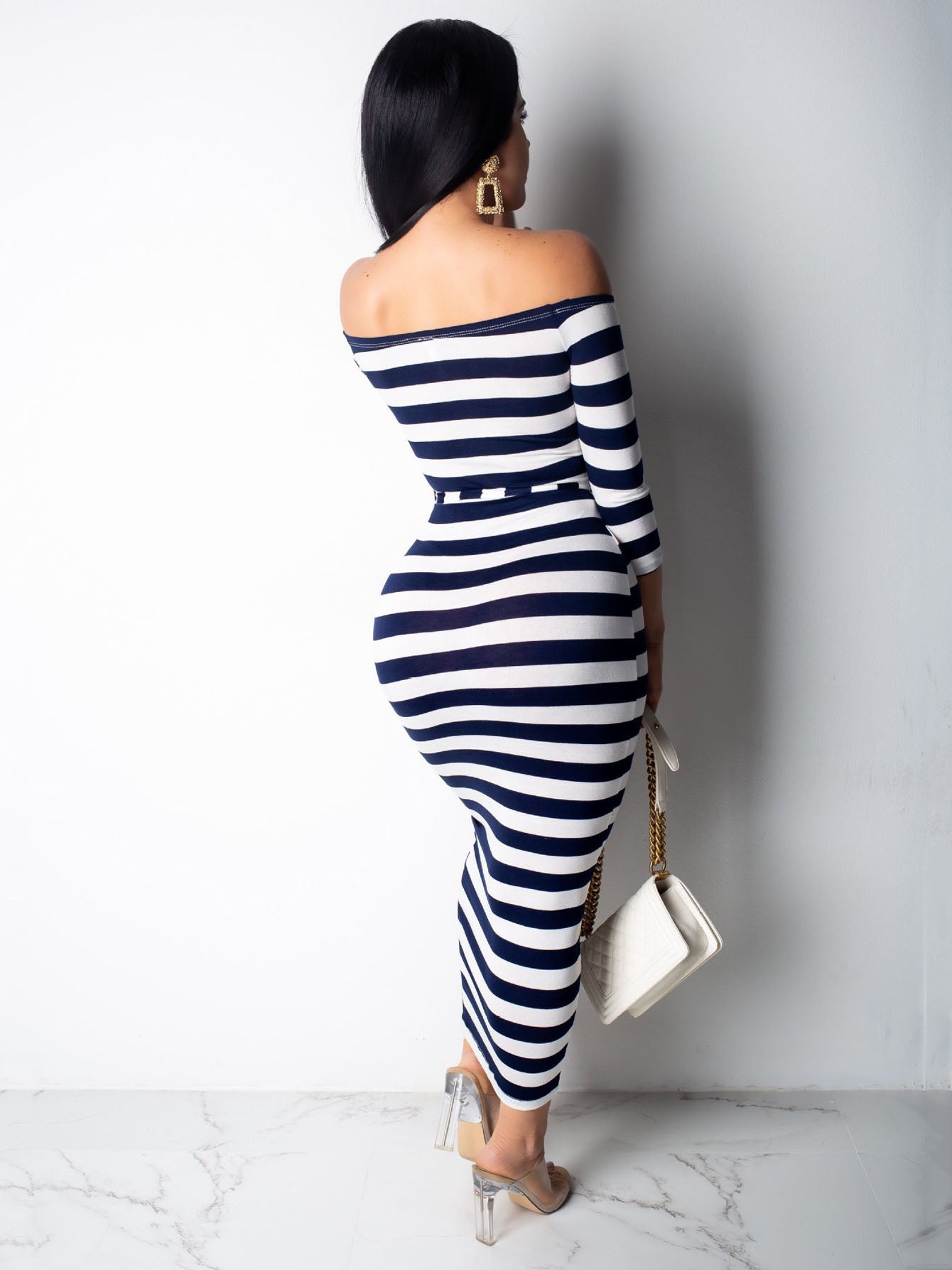 Off Shoulder Striped Dress, Stretchy Long Sleeve Dress, Casual Every Day Dress, Women's Clothing