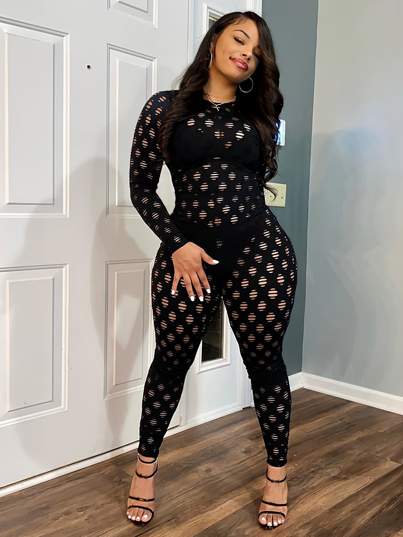 Hollow Zip Back Jumpsuit, Sexy Bodycon Long Sleeve Long Length Jumpsuit For Fall & Winter, Women's Clothing