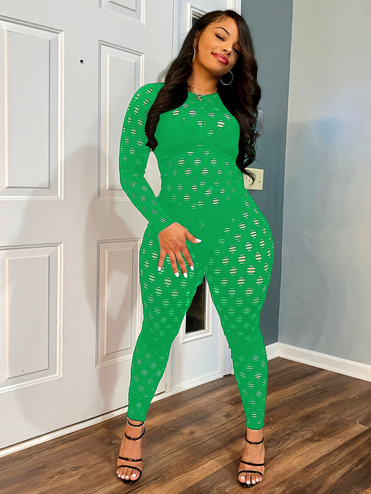 Hollow Zip Back Jumpsuit, Sexy Bodycon Long Sleeve Long Length Jumpsuit For Fall & Winter, Women's Clothing