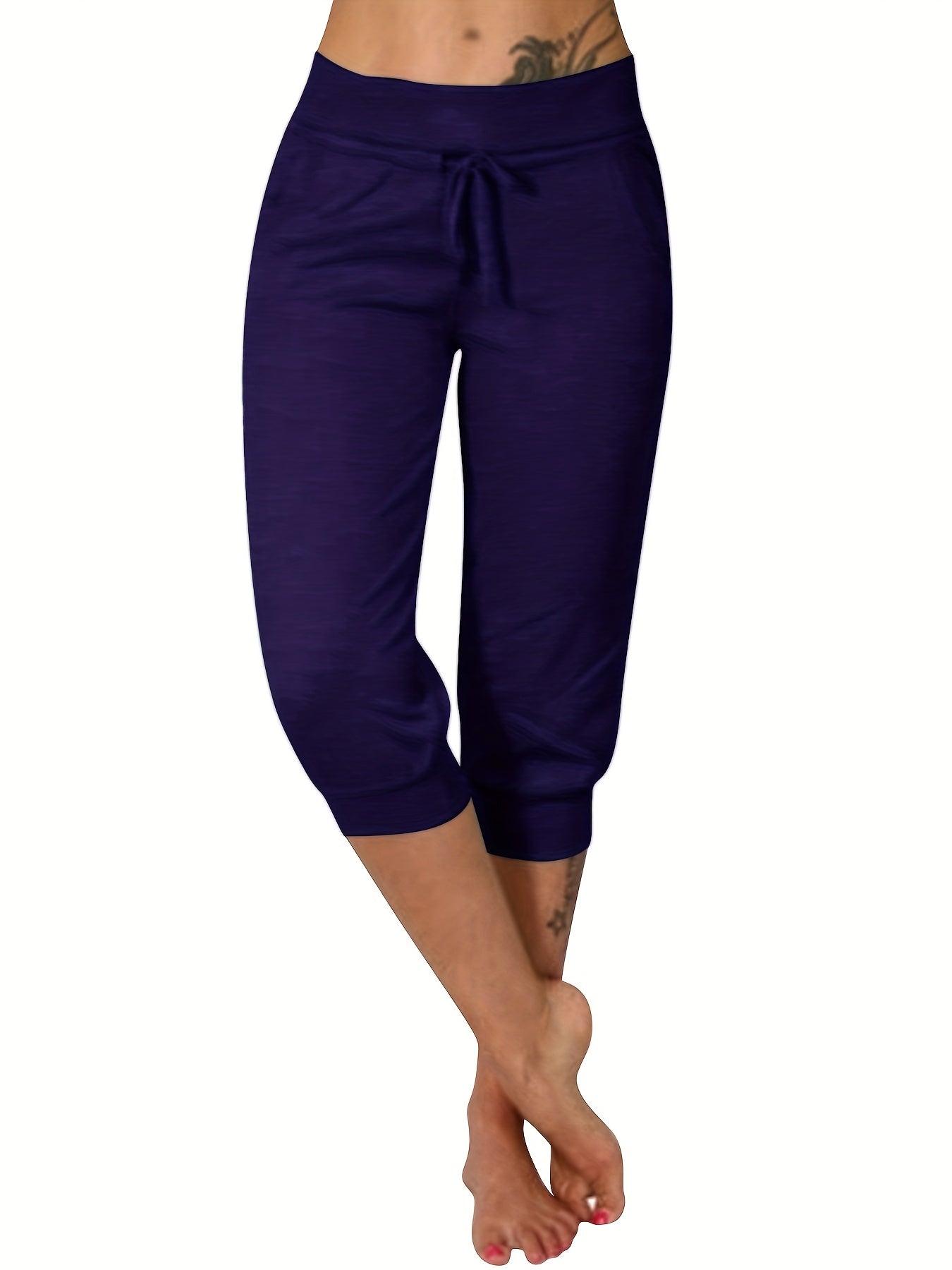 Womens Solid Elastic Capri Pants - Comfortable Casual Style - Cropped Everyday Wear for Effortless Fashion