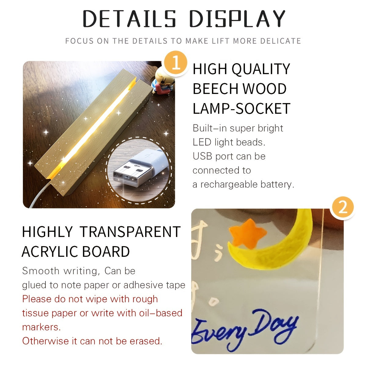 XD-TOPQC Acrylic LED Light Up Dry Erase Board with Stand, USB Powered Tabletop Memo Notepad, Clear Desktop Message Board for Daily Reminder, Planning, and Creative Use - Kawaii Room Decor, Small Notepad