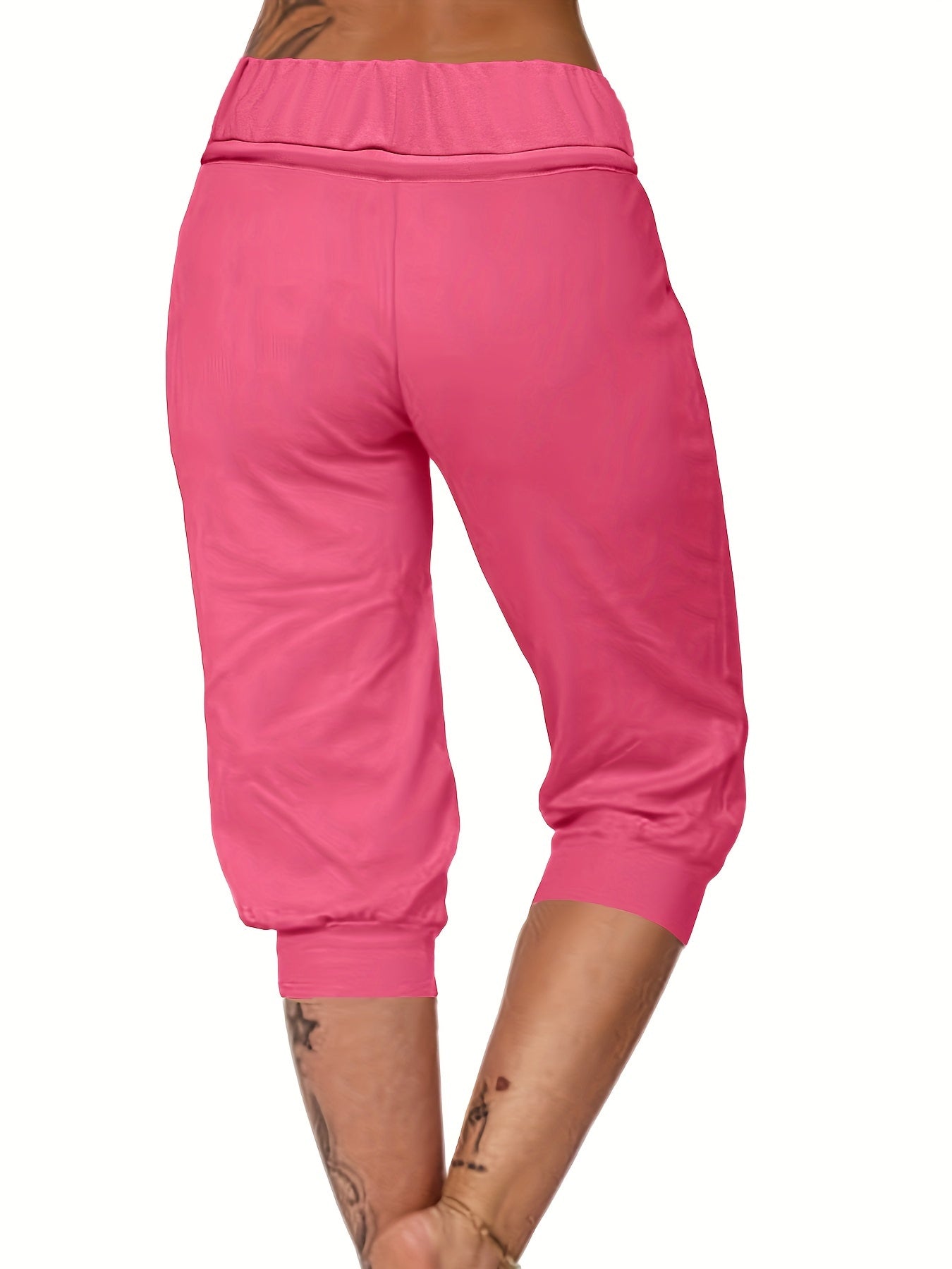 Womens Solid Elastic Capri Pants - Comfortable Casual Style - Cropped Everyday Wear for Effortless Fashion