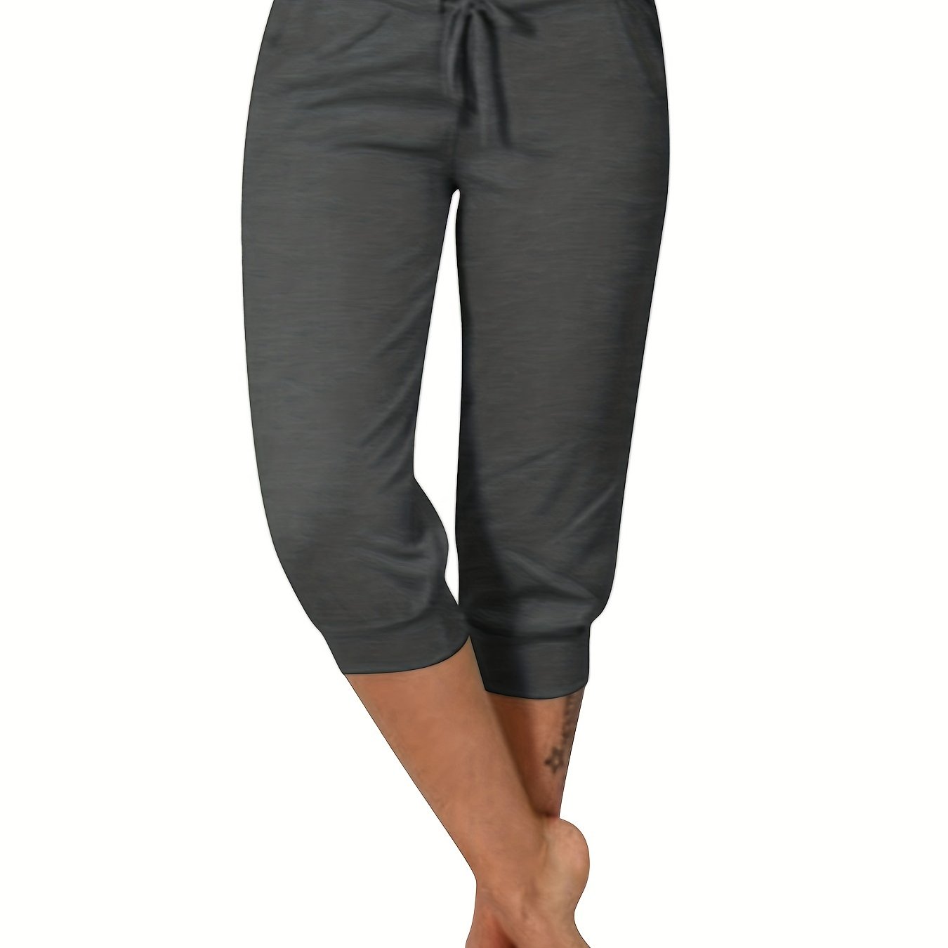 Womens Solid Elastic Capri Pants - Comfortable Casual Style - Cropped Everyday Wear for Effortless Fashion