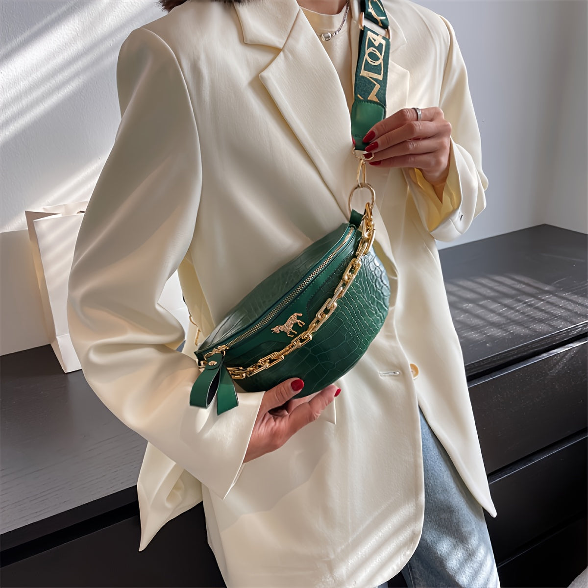 Stylish Crocodile-Embossed Chain Waist Bag | Secure Zip & Versatile Use | Faux Leather Fanny/Chest Pack for Girls with Polyester Lining