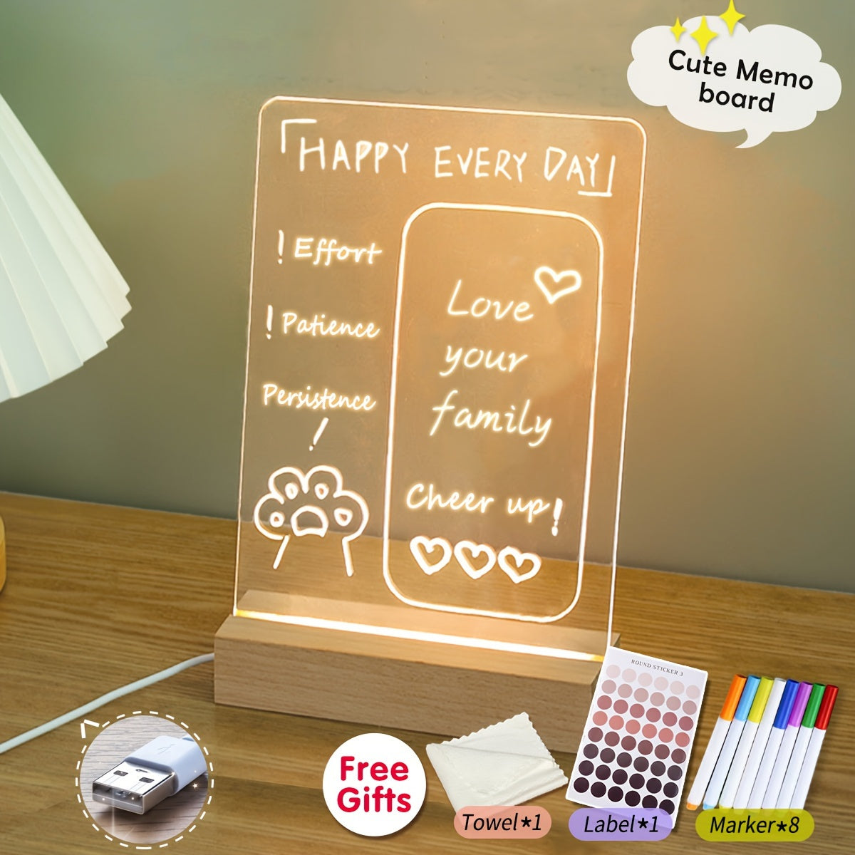 XD-TOPQC Acrylic LED Light Up Dry Erase Board with Stand, USB Powered Tabletop Memo Notepad, Clear Desktop Message Board for Daily Reminder, Planning, and Creative Use - Kawaii Room Decor, Small Notepad