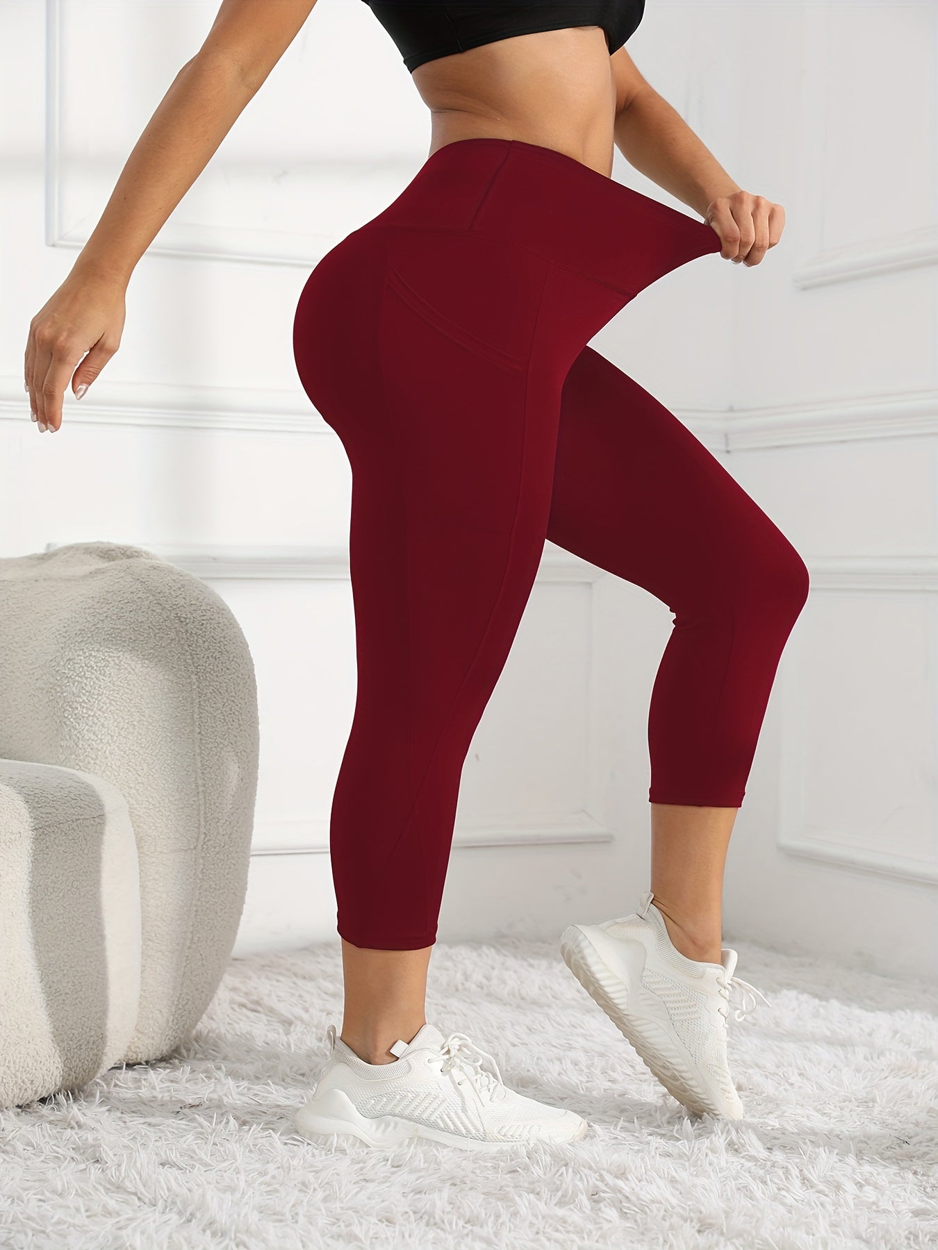 High-Waisted 7/8 Length Yoga Leggings - Tummy Control Butt-Lifting Workout Pants with Side Pockets, Medium-Stretch Non-See-Through Fabric for Gym, Cycling & All-Season Fitness, Yoga Pants, Gym Apparel, Seamless Design, Opaque