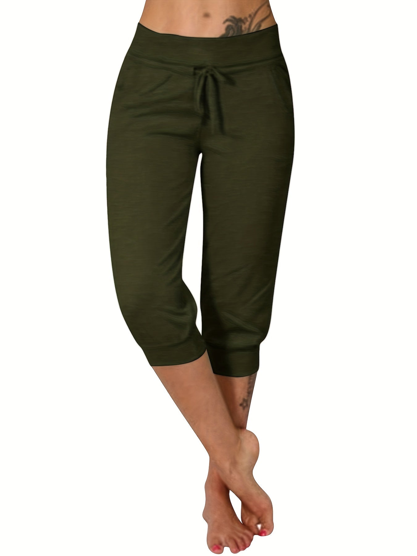Womens Solid Elastic Capri Pants - Comfortable Casual Style - Cropped Everyday Wear for Effortless Fashion