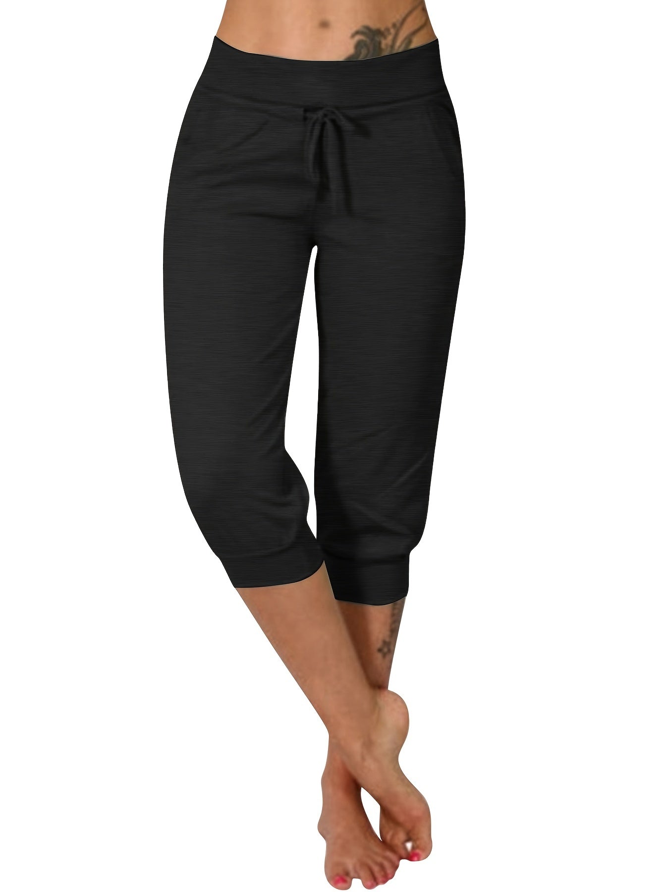 Womens Solid Elastic Capri Pants - Comfortable Casual Style - Cropped Everyday Wear for Effortless Fashion