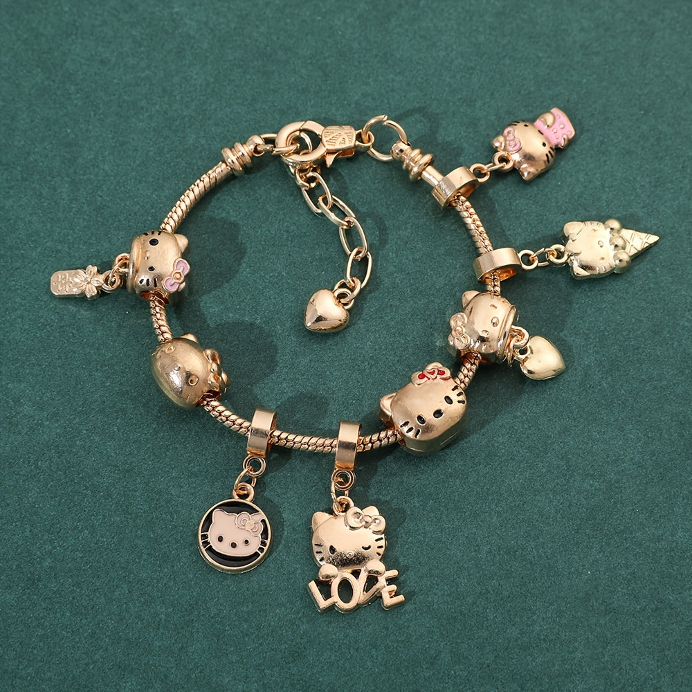 1pc Adorable Golden Hello Kitty Charm Bracelet - Kawaii Sanrio Anime Figure Beads Pendant Hand Chain Fashion Women's Bangle Accessories for Party Favors, Anime Lovers, and Collectors