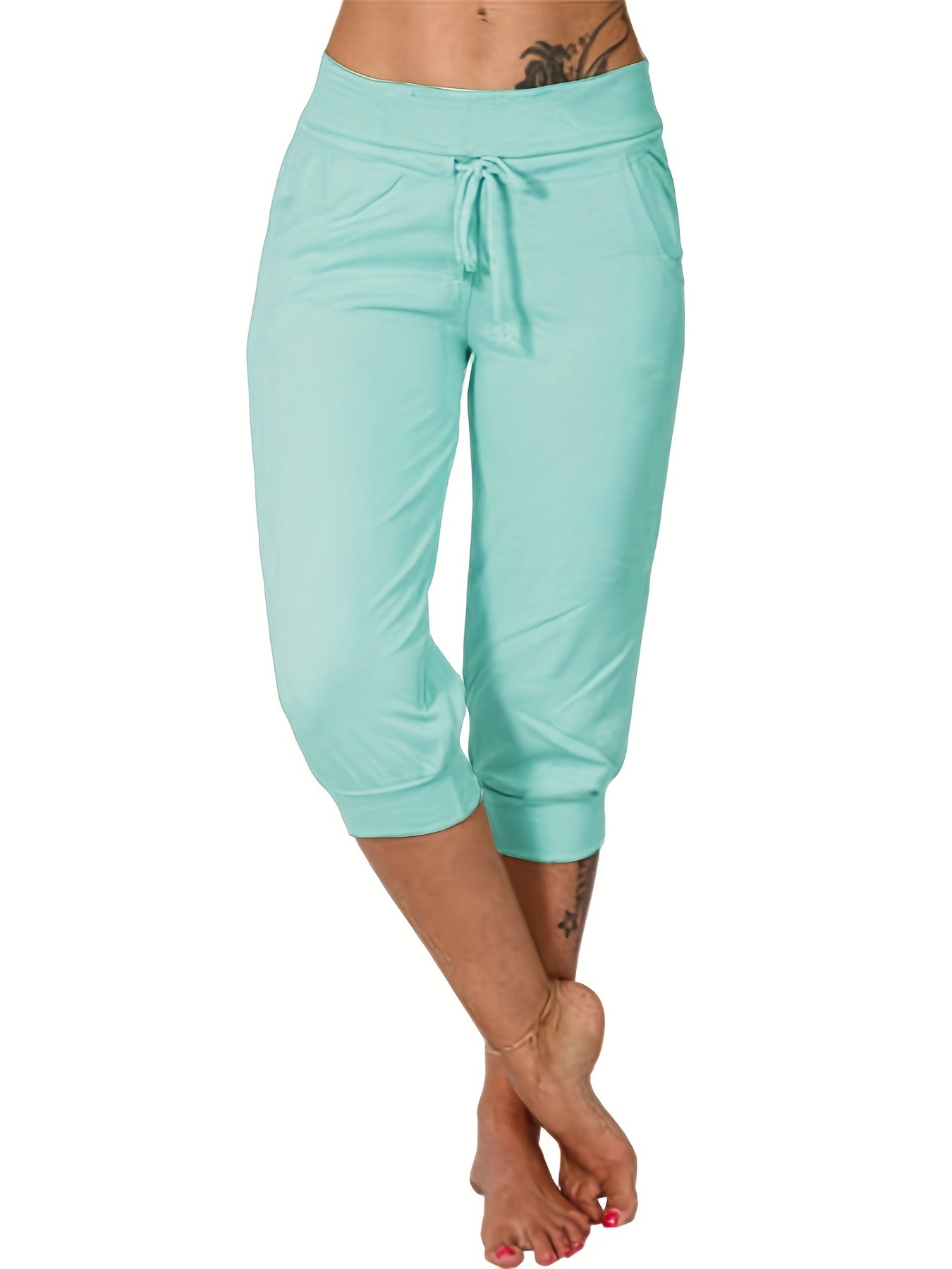 Womens Solid Elastic Capri Pants - Comfortable Casual Style - Cropped Everyday Wear for Effortless Fashion