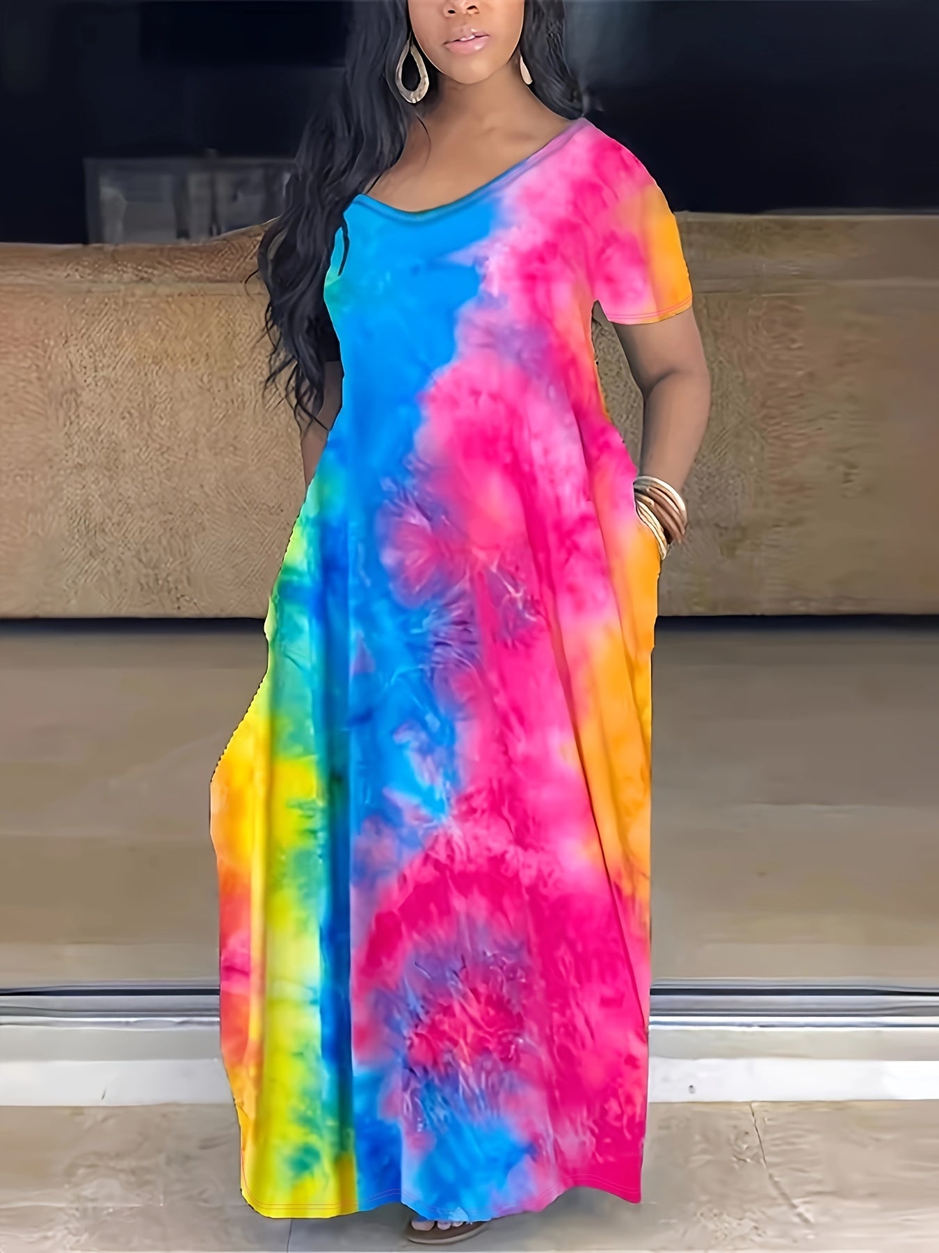 Elegant Plus Size Tie Dye Print Maxi Dress - Short Sleeve with Pocket - Medium Stretch Long Dress for Women