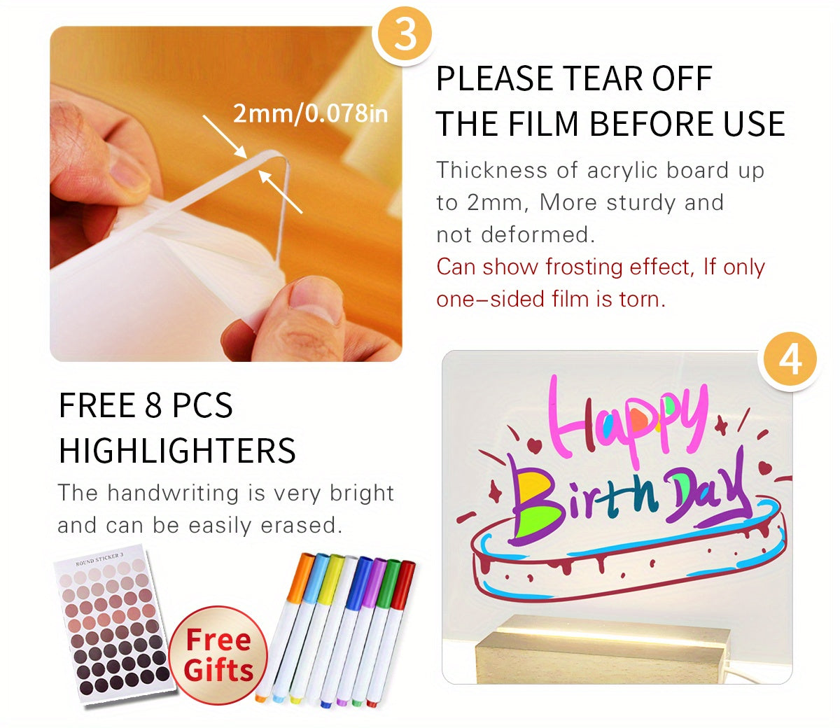 XD-TOPQC Acrylic LED Light Up Dry Erase Board with Stand, USB Powered Tabletop Memo Notepad, Clear Desktop Message Board for Daily Reminder, Planning, and Creative Use - Kawaii Room Decor, Small Notepad