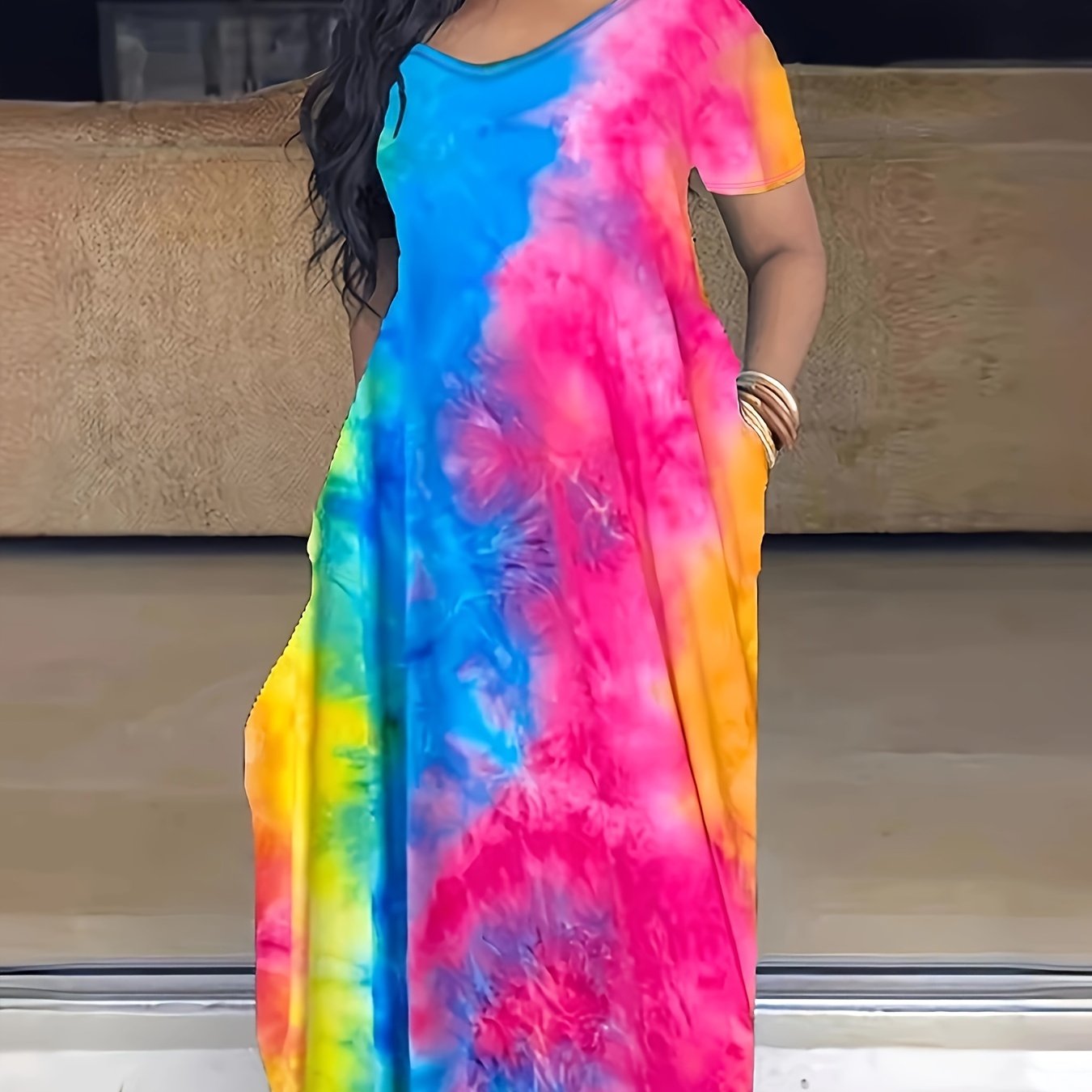 Elegant Plus Size Tie Dye Print Maxi Dress - Short Sleeve with Pocket - Medium Stretch Long Dress for Women