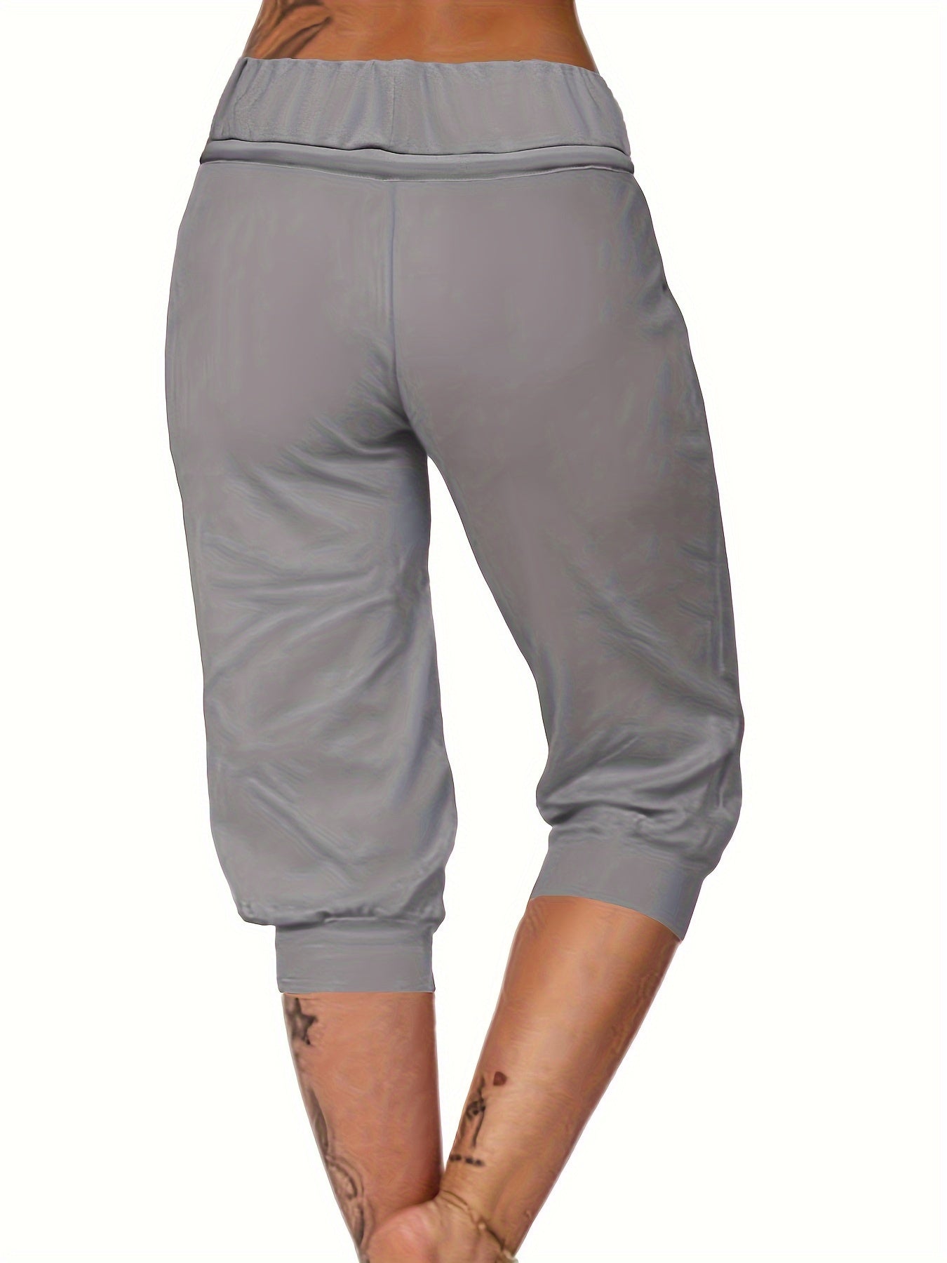 Womens Solid Elastic Capri Pants - Comfortable Casual Style - Cropped Everyday Wear for Effortless Fashion