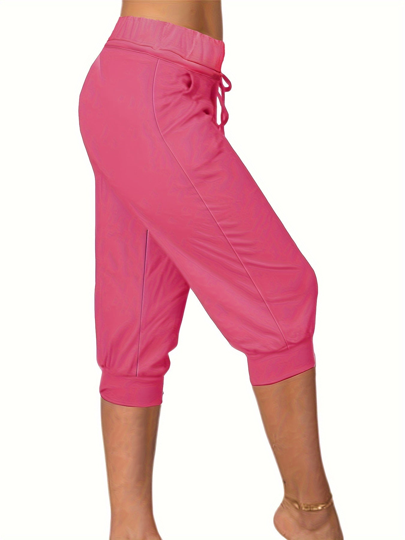 Womens Solid Elastic Capri Pants - Comfortable Casual Style - Cropped Everyday Wear for Effortless Fashion
