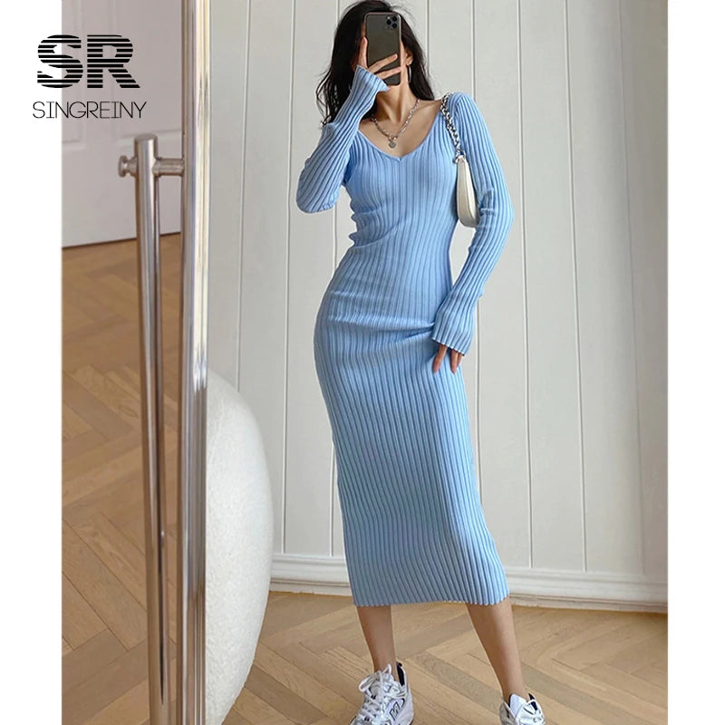 SINGREINY Women Autumn Knitted Dress V Neck Sexy Slim Elastic Oversized Basic Bodycon Sweater Dress Winter knit Warm Long Dress