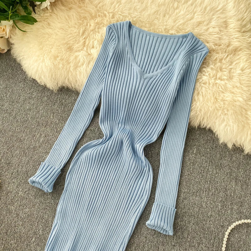 SINGREINY Women Autumn Knitted Dress V Neck Sexy Slim Elastic Oversized Basic Bodycon Sweater Dress Winter knit Warm Long Dress