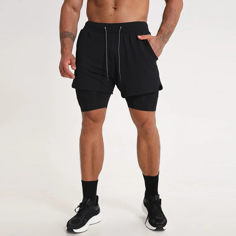 Gym Clothing Men Quick Dry 2 in 1 Gym Shorts Men Polyester Spandex Breathable Shorts Men Liner Running Fitness Shorts