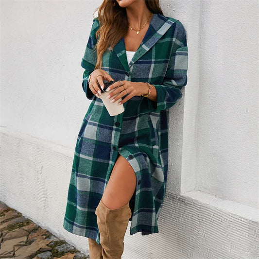 2024 Autumn and Winter Women's Casual Loose Contrasting Color Breasted Hooded Jacket