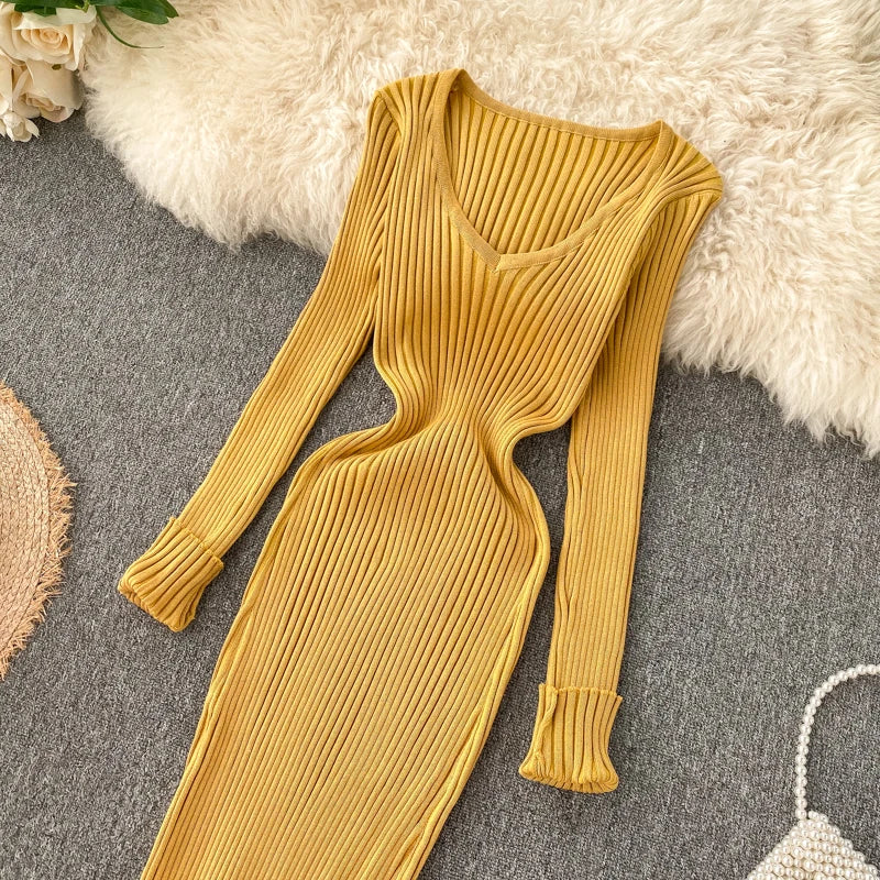 SINGREINY Women Autumn Knitted Dress V Neck Sexy Slim Elastic Oversized Basic Bodycon Sweater Dress Winter knit Warm Long Dress