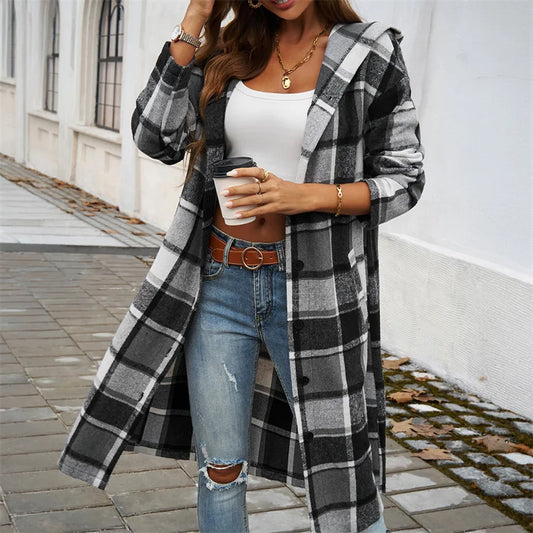 2024 Autumn and Winter Women's Casual Loose Contrasting Color Breasted Hooded Jacket