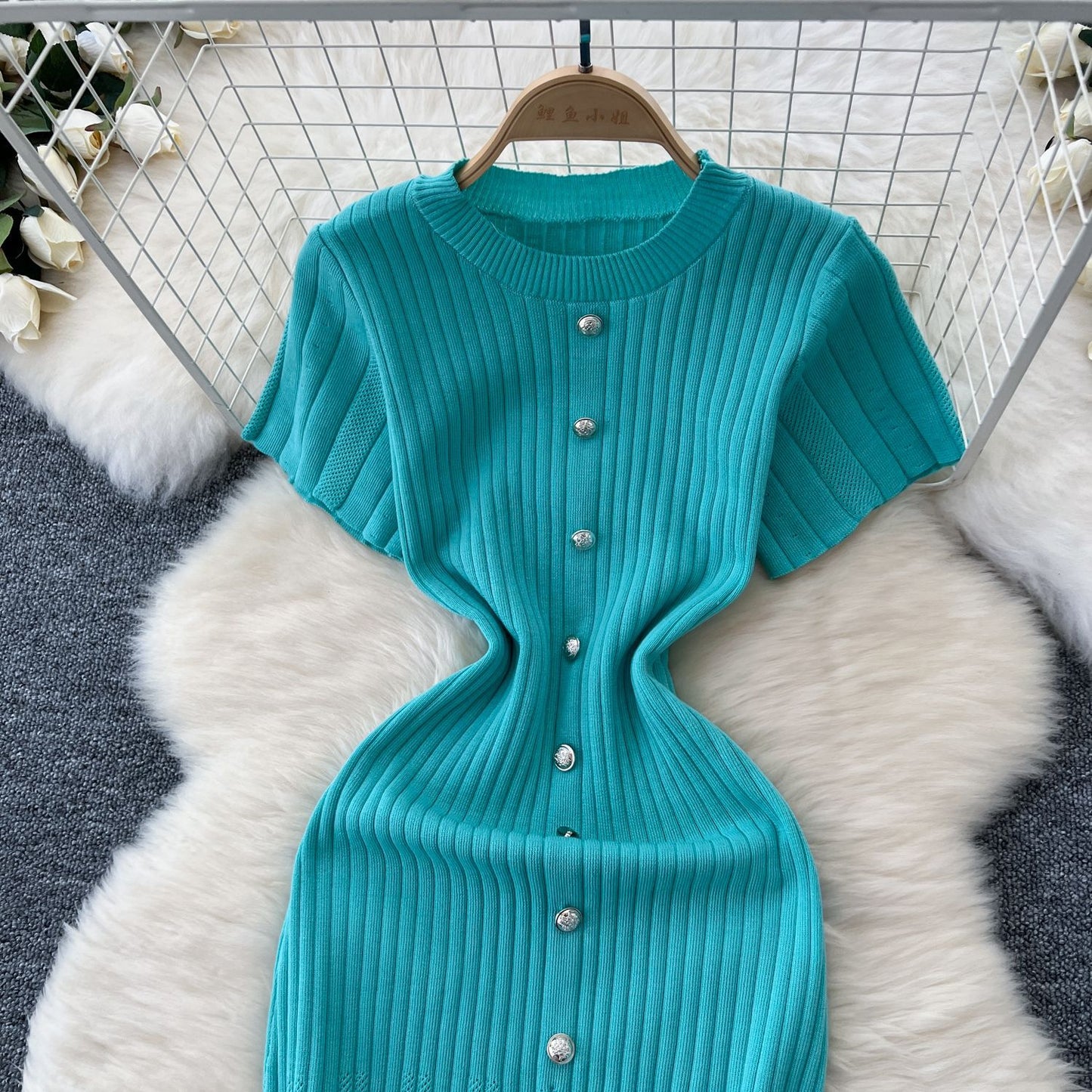Dresses Women Summer Knitting Long Dress Single Breasted Round Collar Short Sleeve Sexy Bodycon Office Lady Knit Vestidos