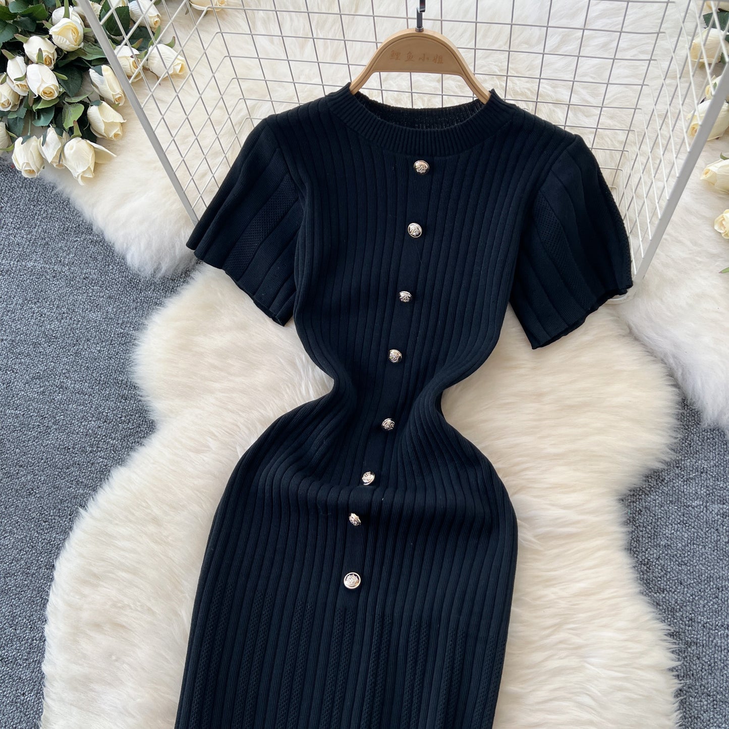 Dresses Women Summer Knitting Long Dress Single Breasted Round Collar Short Sleeve Sexy Bodycon Office Lady Knit Vestidos