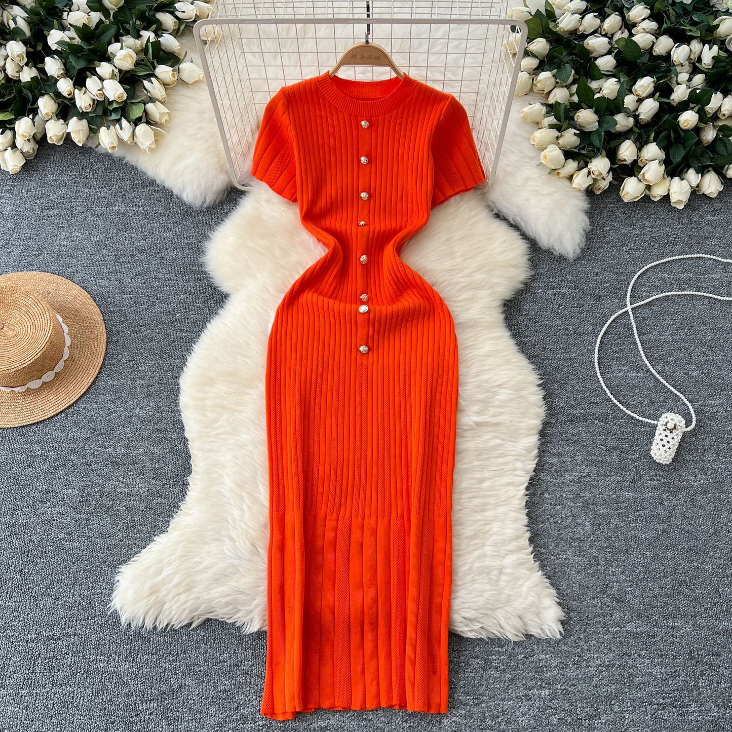 Dresses Women Summer Knitting Long Dress Single Breasted Round Collar Short Sleeve Sexy Bodycon Office Lady Knit Vestidos