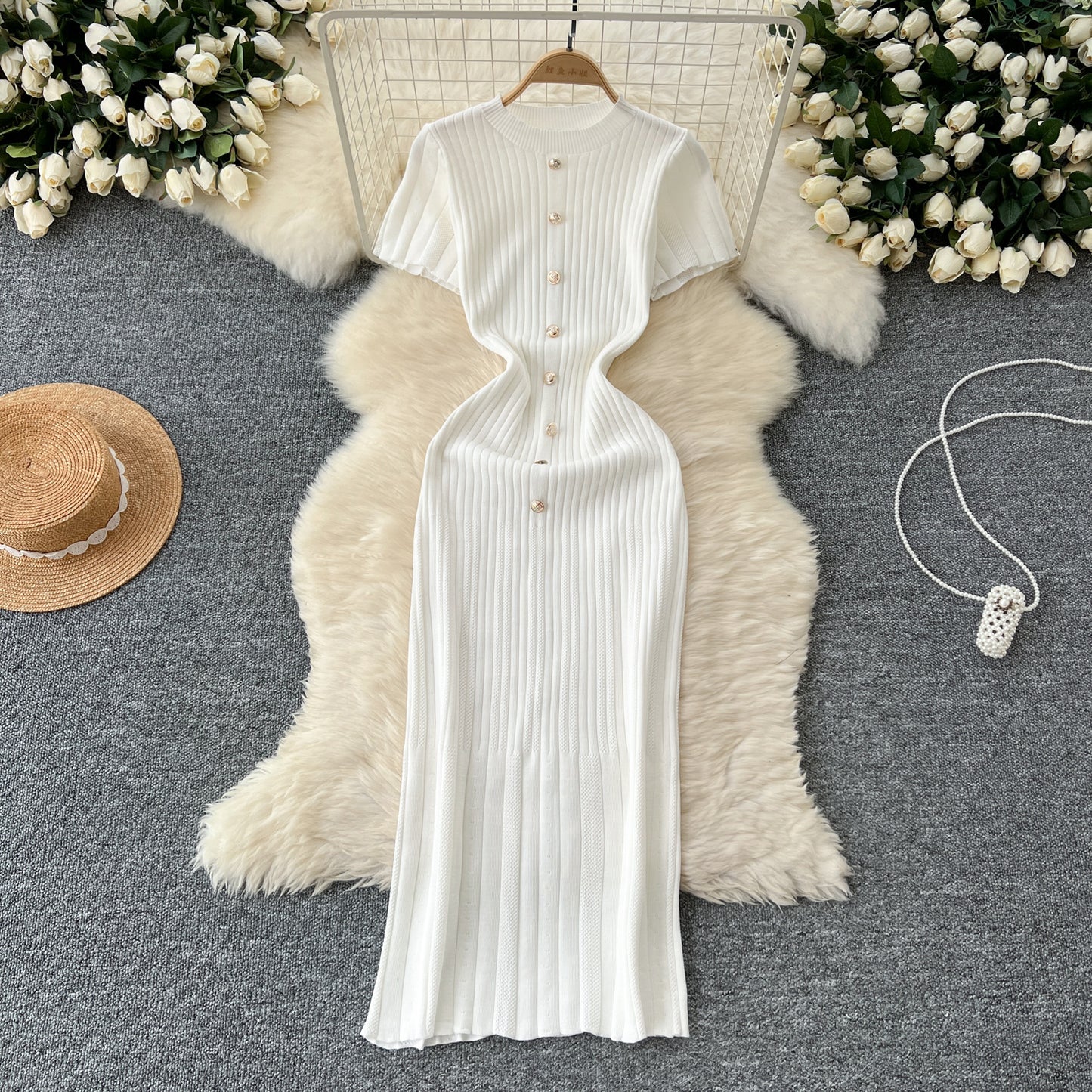 Dresses Women Summer Knitting Long Dress Single Breasted Round Collar Short Sleeve Sexy Bodycon Office Lady Knit Vestidos