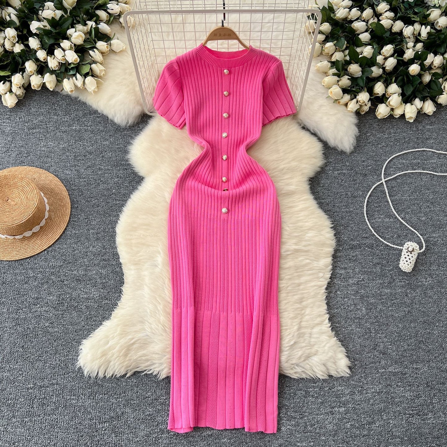Dresses Women Summer Knitting Long Dress Single Breasted Round Collar Short Sleeve Sexy Bodycon Office Lady Knit Vestidos