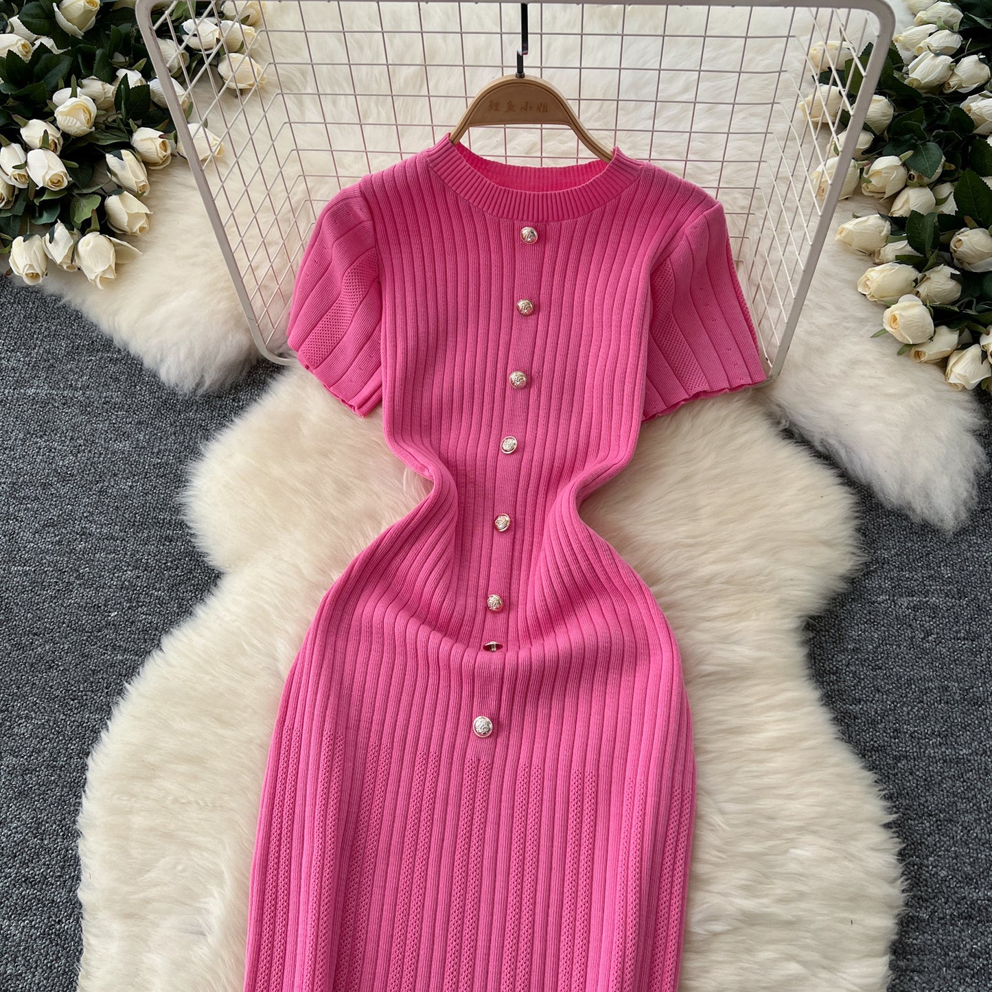 Dresses Women Summer Knitting Long Dress Single Breasted Round Collar Short Sleeve Sexy Bodycon Office Lady Knit Vestidos