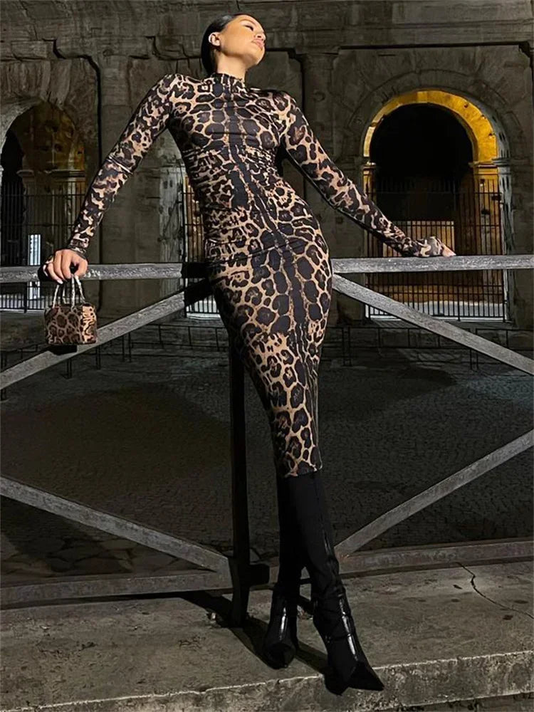 Print Leopard Print Slim Long Dress Women's Fashion Long Sleeve Sexy Party Dress Summer Street Leopard Print Long Dress 2024 New