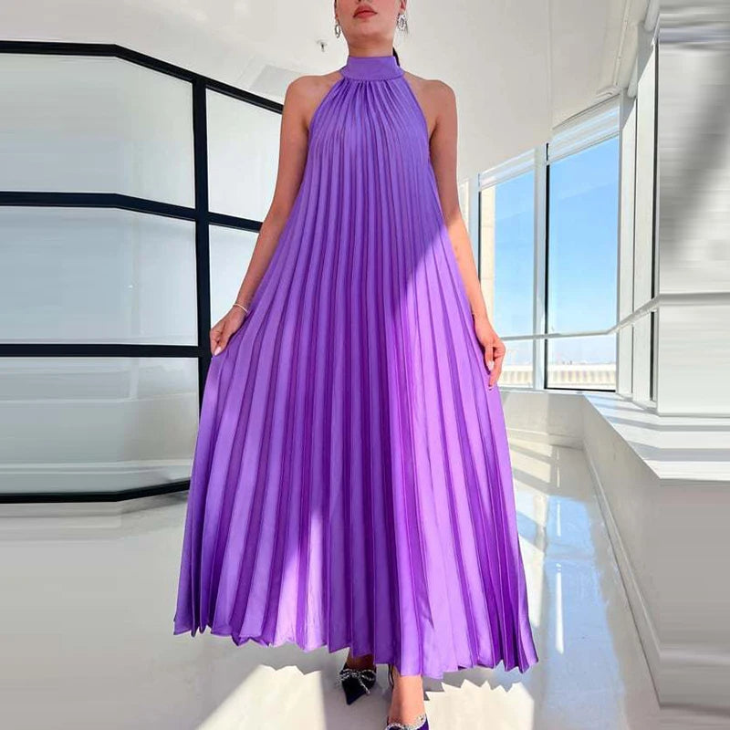 2025 Sexy Sleeveless High Waist Party Dress Spring Summer Half High Neck Loose Women Dress Casual Multi-color Pleated Long Dress