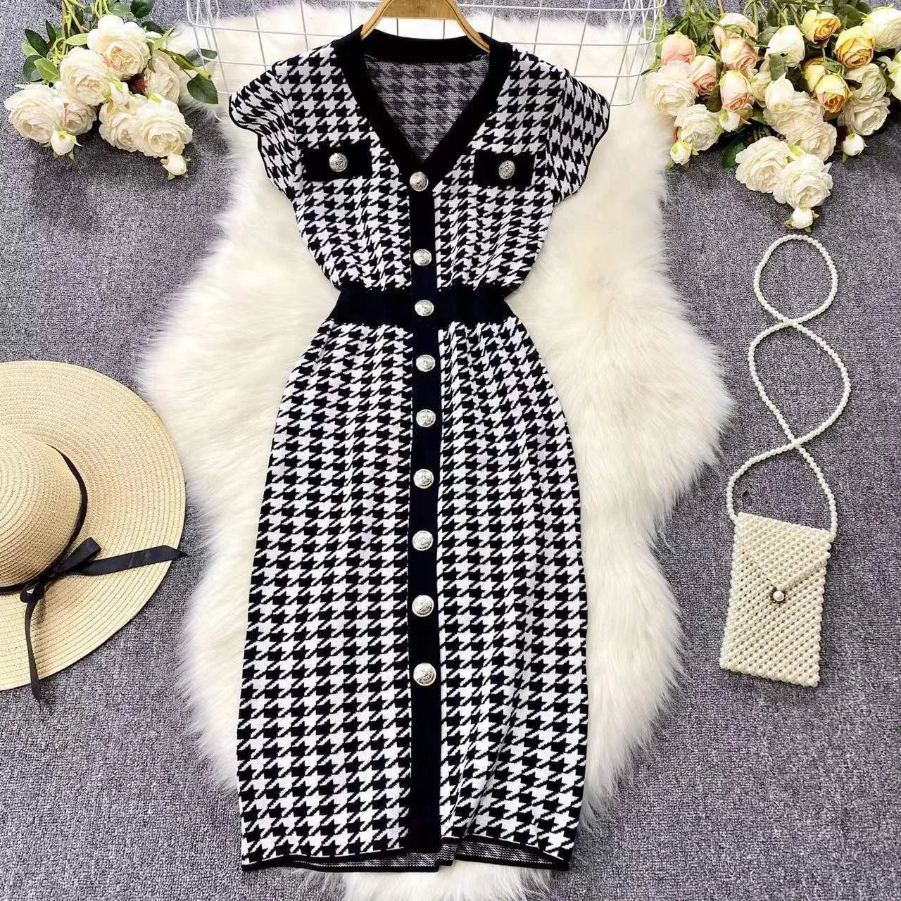YuooMuoo Brand Fashion Houndstooth Knitted Long Dress 2024 Summer Fashion Vintage Elegant Office Lady Wrap Hips Bodycon Dress