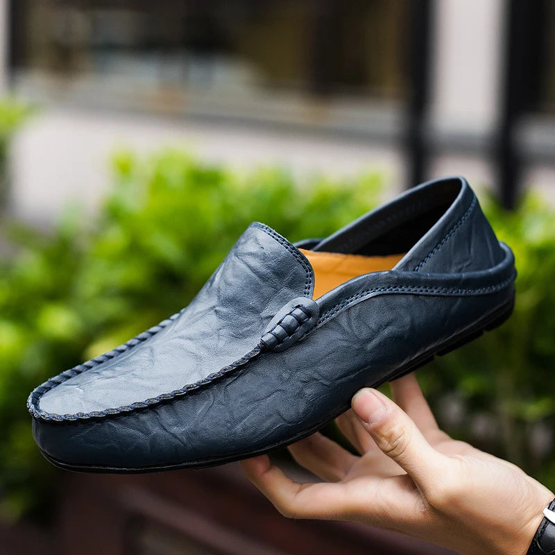 Summer Men Casual Shoes Leather Moccasins Breathable Slip on Boat Shoes Italian Luxury Brand Mens Driving Loafers Size 37-47