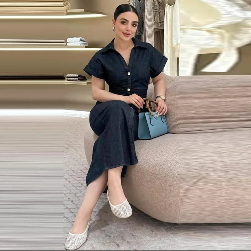 TRAF Womens Denim Dresses Summer 2025 Button Bodycon Blue Dress Ruffled Batwing Sleeve Long Dress Chic Casual Beach Vestidos 066