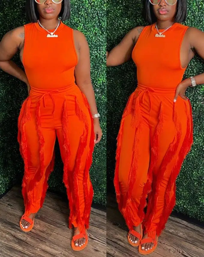 Fashion Solid Romper Casual Tank Top & Tassel Decor Drawstring Pants Set Skinny Tank Jumpsuits Summer Female Outfit Streetwear
