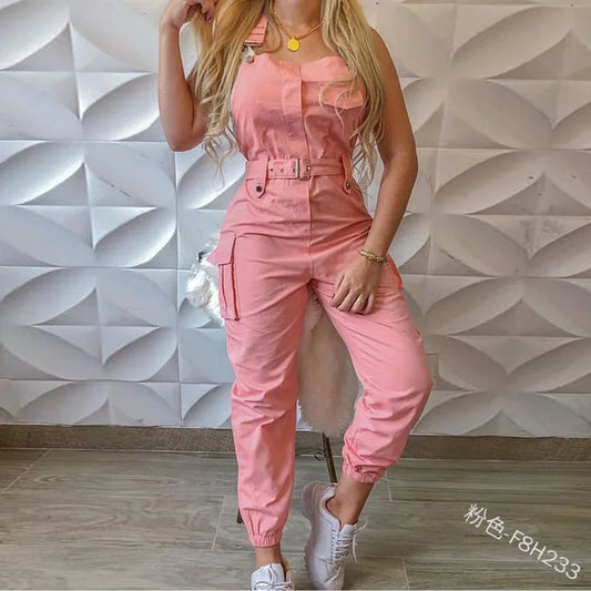 Autumn Women's Clothing Bodysuit Jumpsuit 2023 Simple Zipper Cargo High Waisted Conjoined Body Pants Sleeveless Strap Trousers