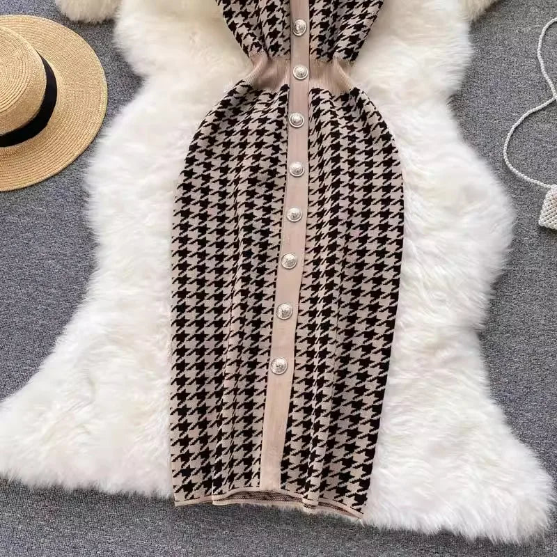 YuooMuoo Brand Fashion Houndstooth Knitted Long Dress 2024 Summer Fashion Vintage Elegant Office Lady Wrap Hips Bodycon Dress