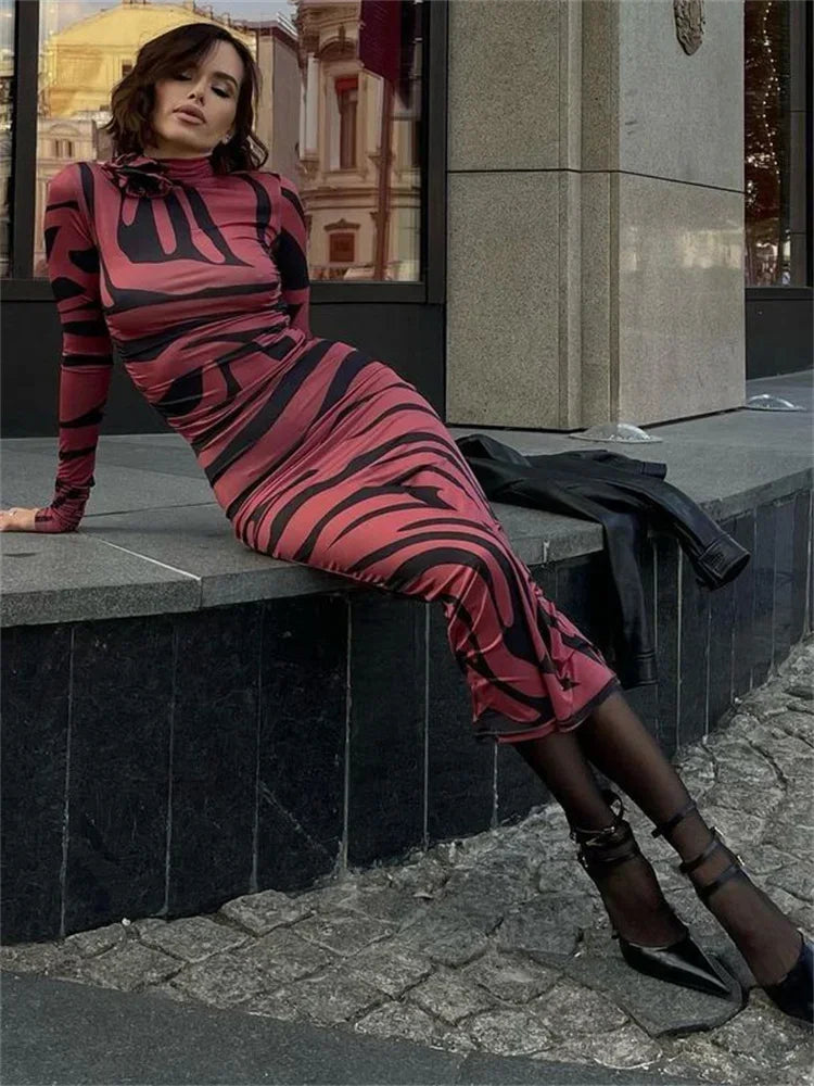 Print Leopard Print Slim Long Dress Women's Fashion Long Sleeve Sexy Party Dress Summer Street Leopard Print Long Dress 2024 New