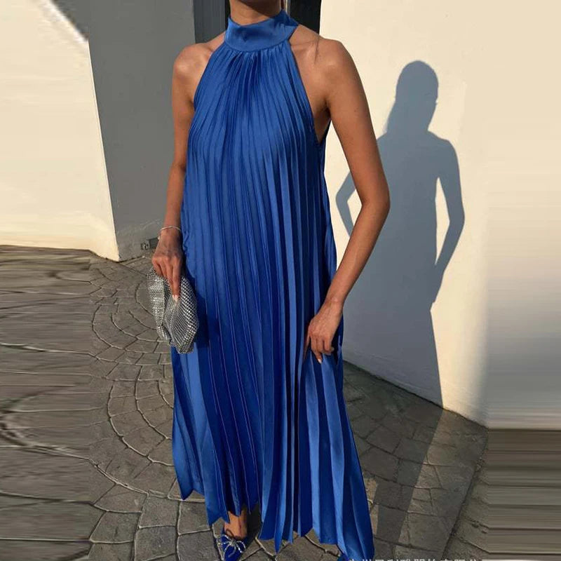 2025 Sexy Sleeveless High Waist Party Dress Spring Summer Half High Neck Loose Women Dress Casual Multi-color Pleated Long Dress