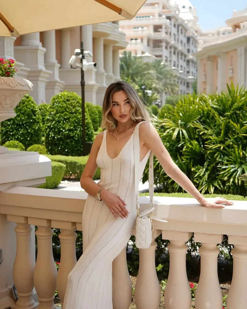 Trendix Knit Backless Dress For Women V Neck Slim Sleeveless Suspender Maxi Dress Vacation Sexy Beach Knitted Elegant Long Dress