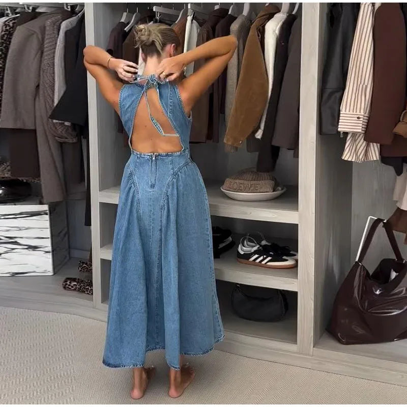 Fashion Denim Backless Dress Women's O-neck Lace Up Sleeveless High Waisted Pleated Dresses 2025 Summer New Lady Elegant Robe